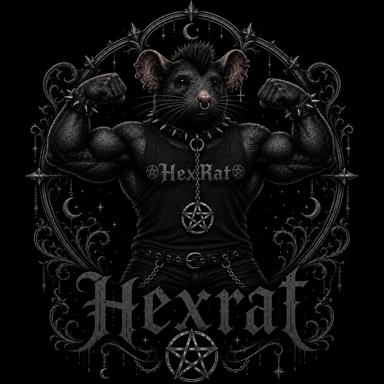 HexRat logo artwork with flexing mascot in tank top