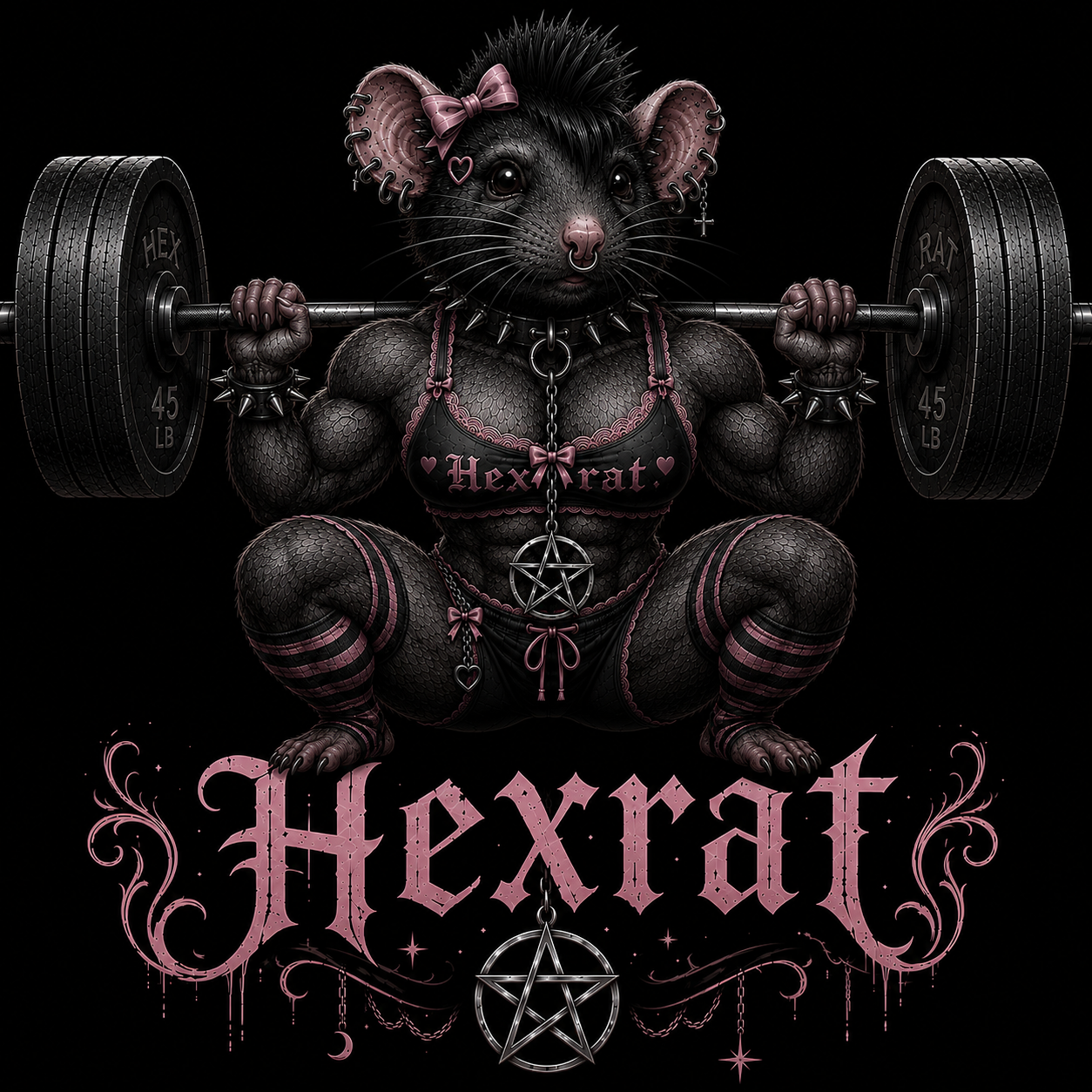 HexRat mascot squatting a barbell